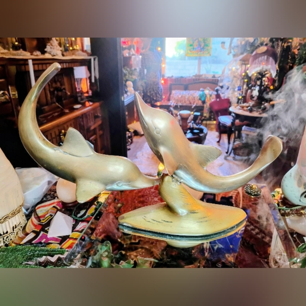Vintage Brass Bohemian India Spirited Dolphin Playing Sculpture Hippie Home Art